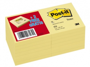 karteczki samoprzylepne 3M Post-it 654 , ��te , 76x76mm , 100 kartek , op.12 bloczk�w + 2 bloczki ��te GRATIS!